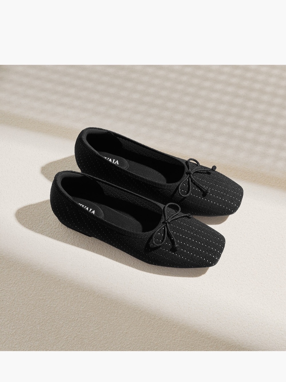 Black Knit Ballet Flats with Bow Accent